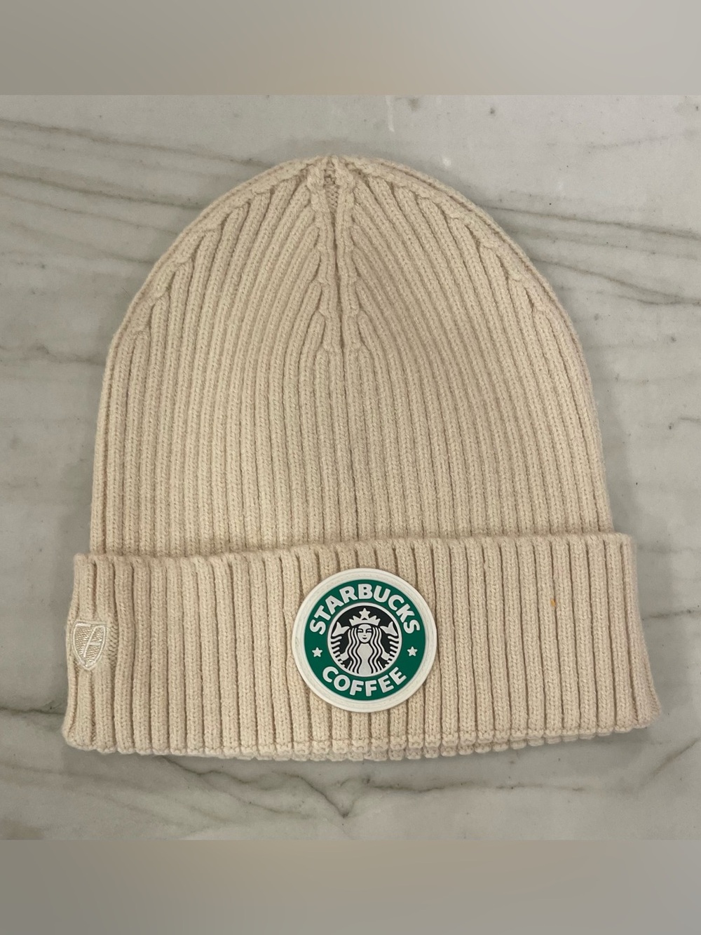 Starbucks Coffee Cap America Cream Ribbed Knit Beanie Logo Patch Unisex